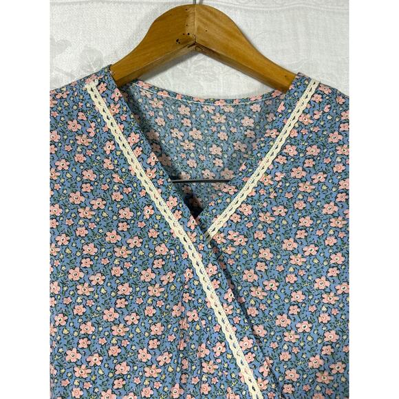 Handmade Dress Medium Blue Pink Floral Faux Wrap Tiered Ruffle Cottage Core - Picture 5 of 12